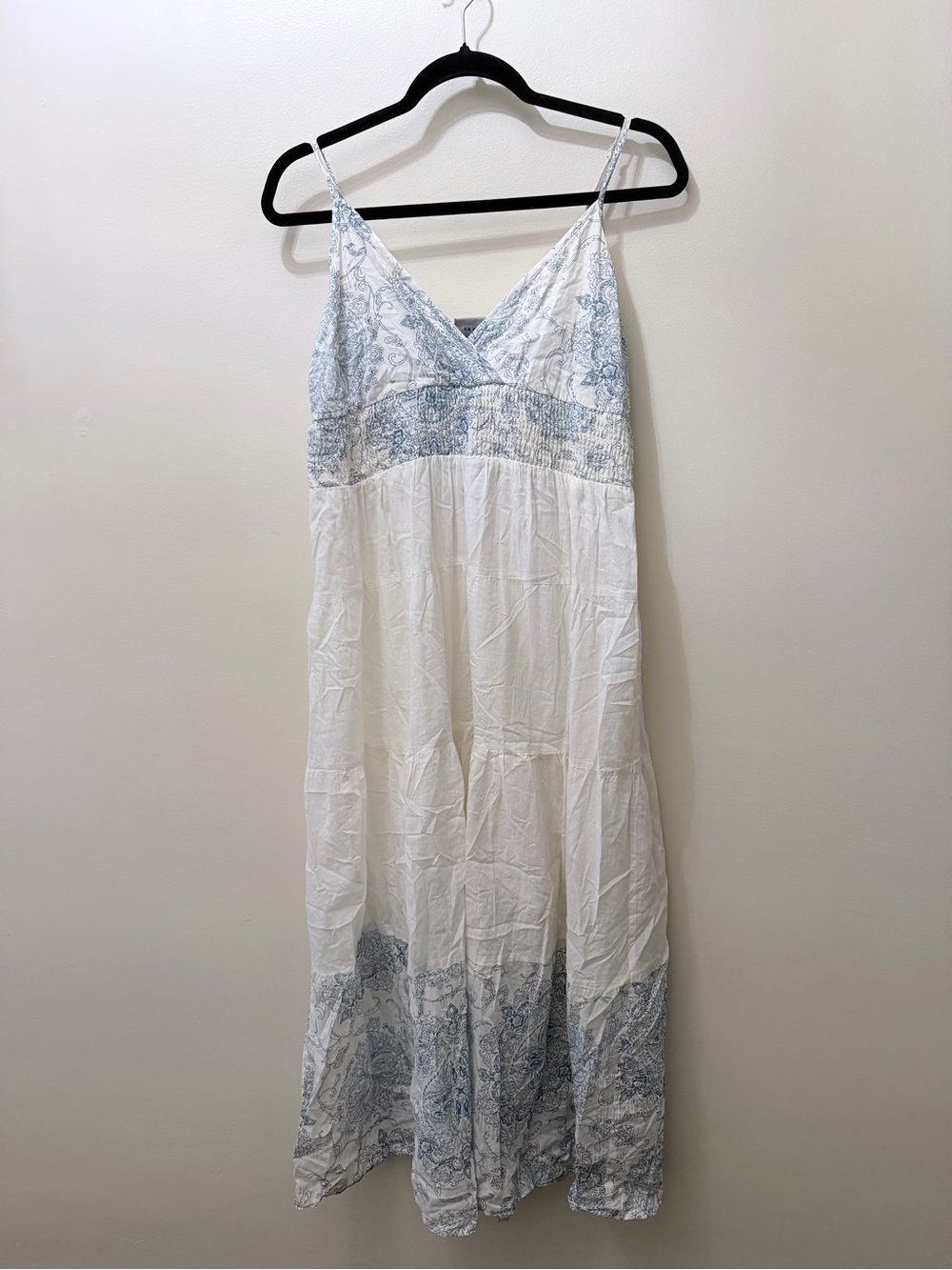 Y2K Paisley Sparkly Beachy Tropical Light Weight White Blue V Neck Dress India S